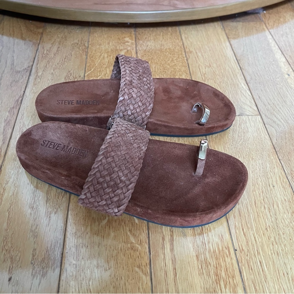 Steve Madden Somona Toe Loop Slide Sandals, Brown Woven Suede, Size 7, Womens - Picture 12 of 12